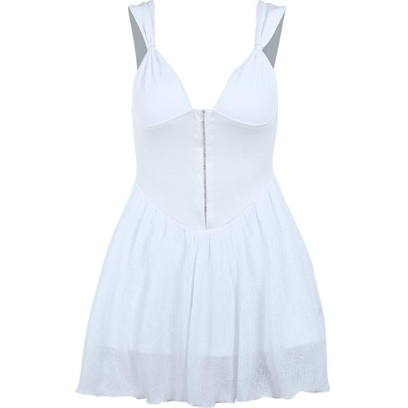 Button Patchwork Chiffon Ruffle Low Cut Mini Dress