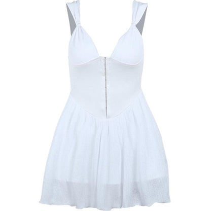 Button Patchwork Chiffon Ruffle Low Cut Mini Dress