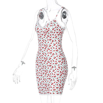 Sweetheart Lace Trim Print Spaghetti Strap Bodycon Mini Dress