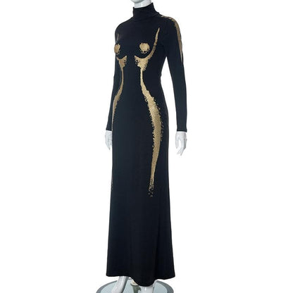 Mock Neck Long Sleeve Body Silhouette Graphic Mermaid Maxi Dress