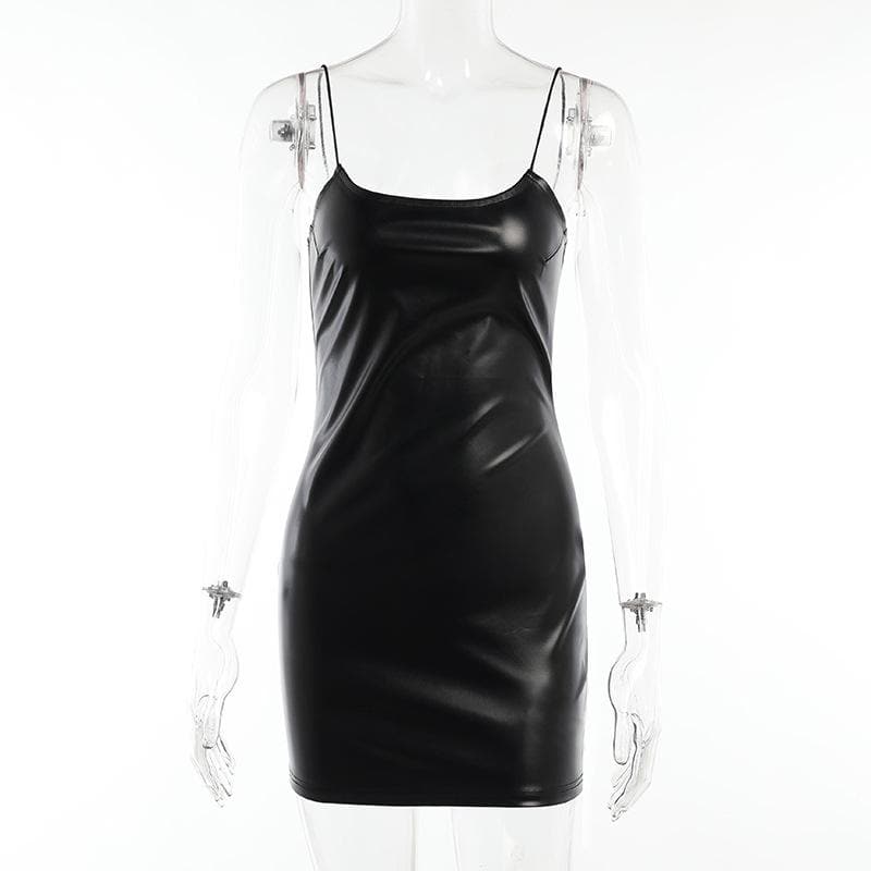 PU Leather Spaghetti Strap Spiderweb Lace Bell Sleeve Mock Neck Mini Dress