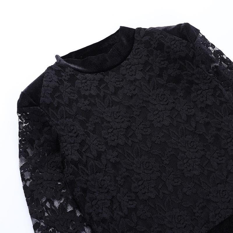 Mock Neck Floral Lace Long Sleeve Velvet Skirt Feather Trim Mini Dress