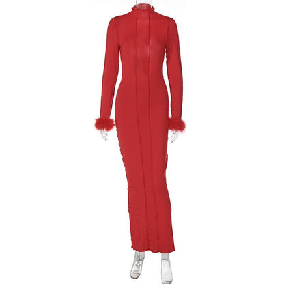 Mock Neck Long Sleeve Feather Cuff Panel Seam Bodycon Midi Dress