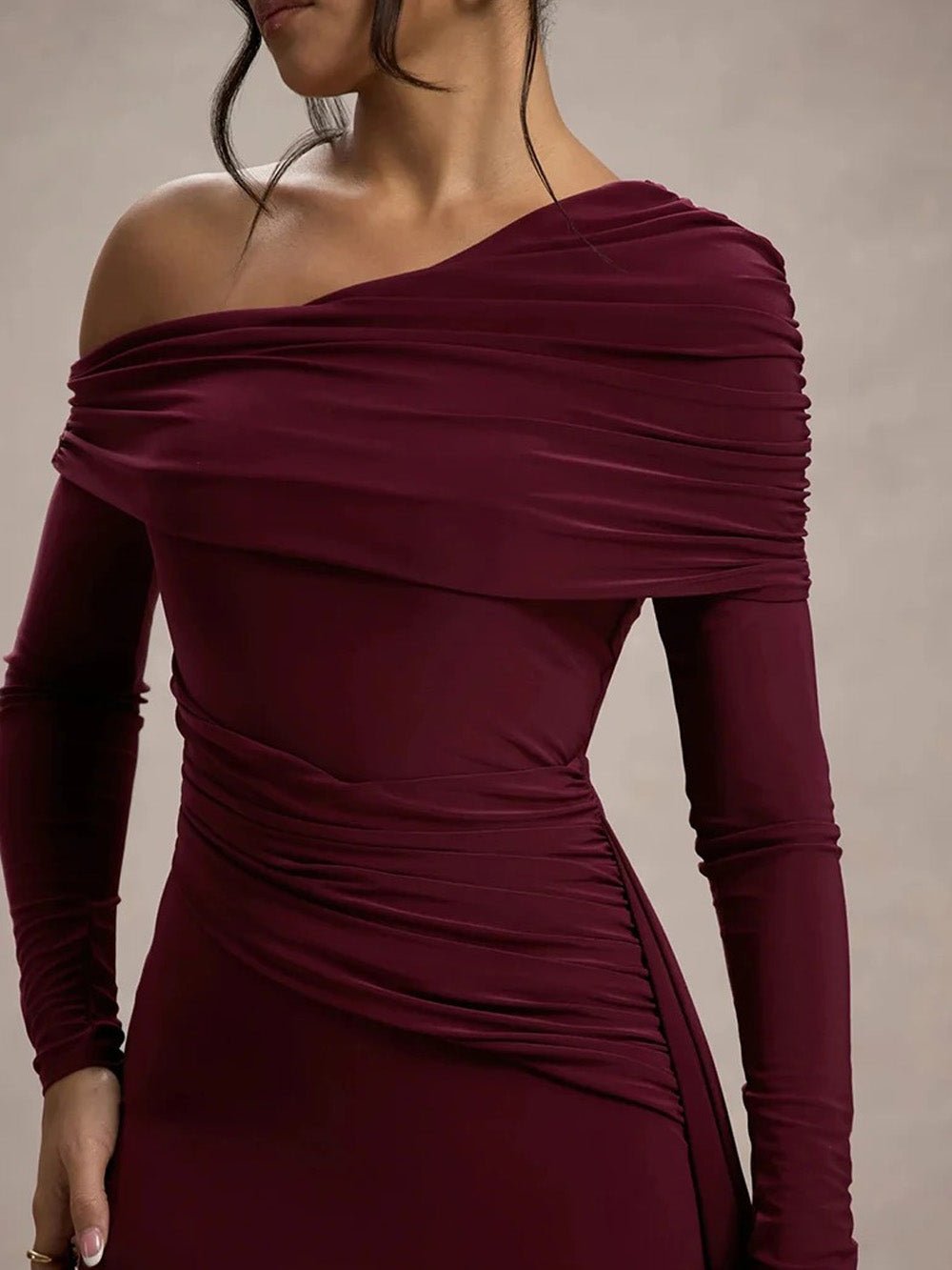 Red Ruched One Shoulder Long Sleeve Drape Panel Maxi Gown