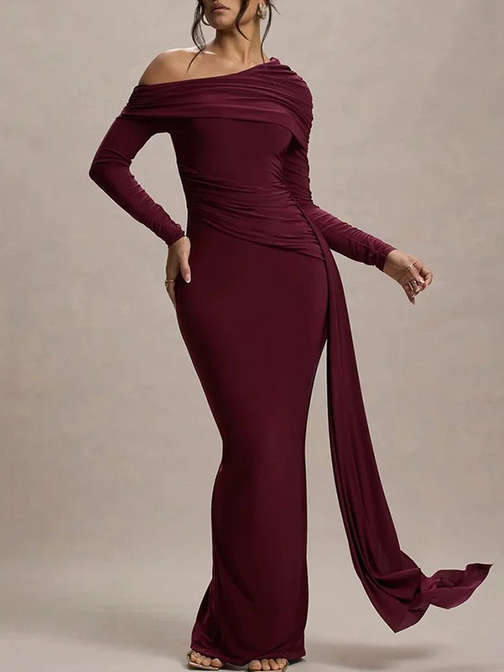 Red Ruched One Shoulder Long Sleeve Drape Panel Maxi Gown