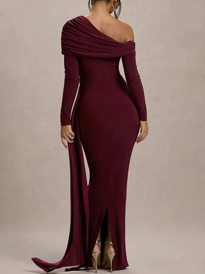 Red Ruched One Shoulder Long Sleeve Drape Panel Maxi Gown