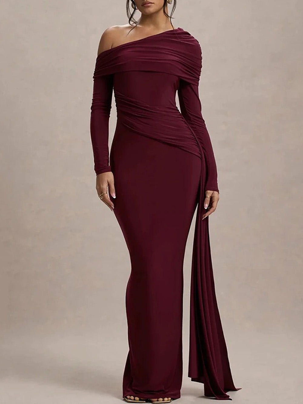 Red Ruched One Shoulder Long Sleeve Drape Panel Maxi Gown