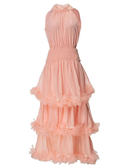 Pink Halter Neck Smocked Waist Tiered Ruffle Trim Chiffon Maxi Dress