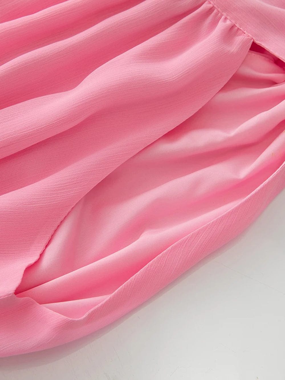Pink Halter Neck Smocked Waist Tiered Ruffle Trim Chiffon Maxi Dress