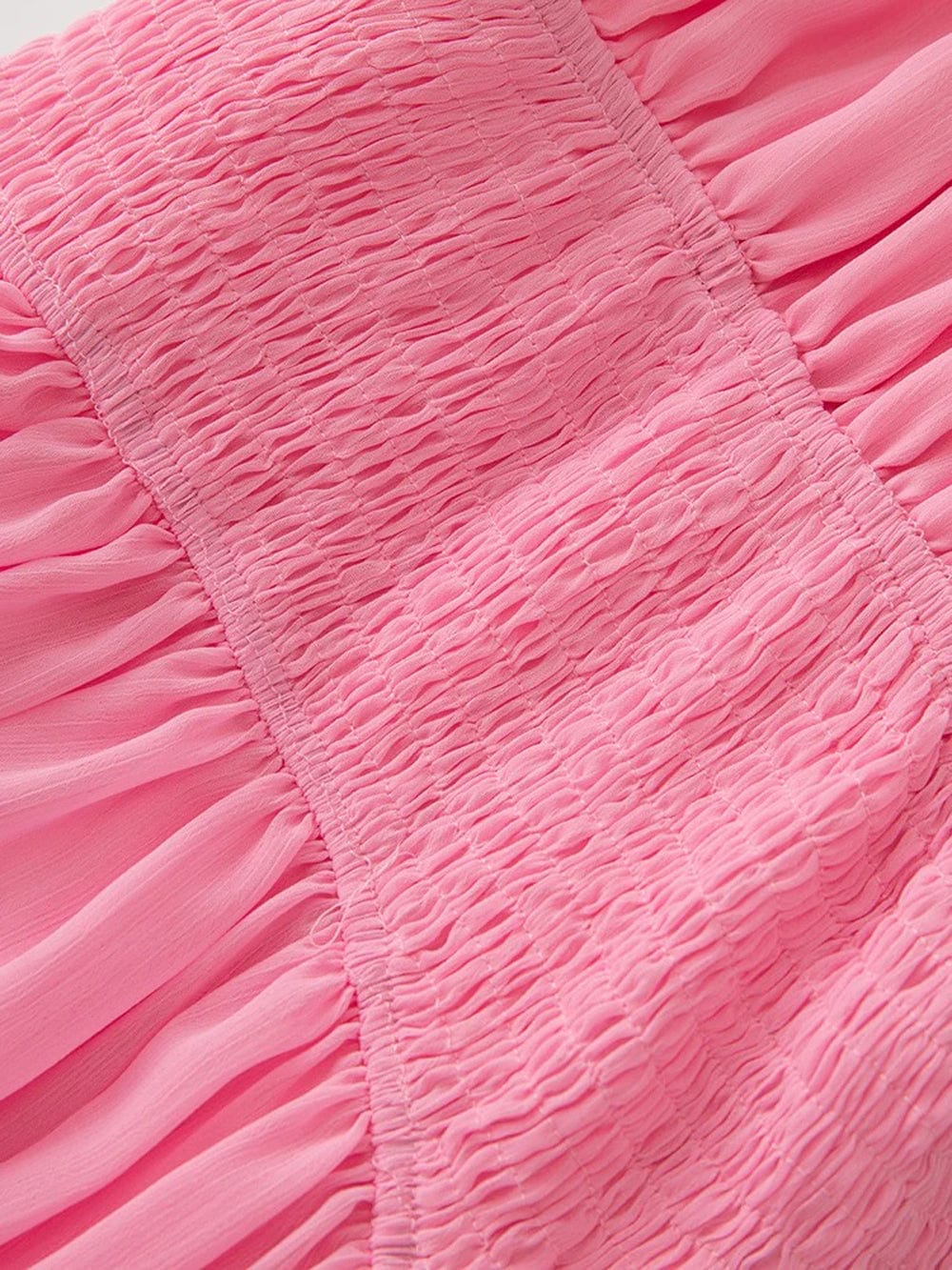 Pink Halter Neck Smocked Waist Tiered Ruffle Trim Chiffon Maxi Dress