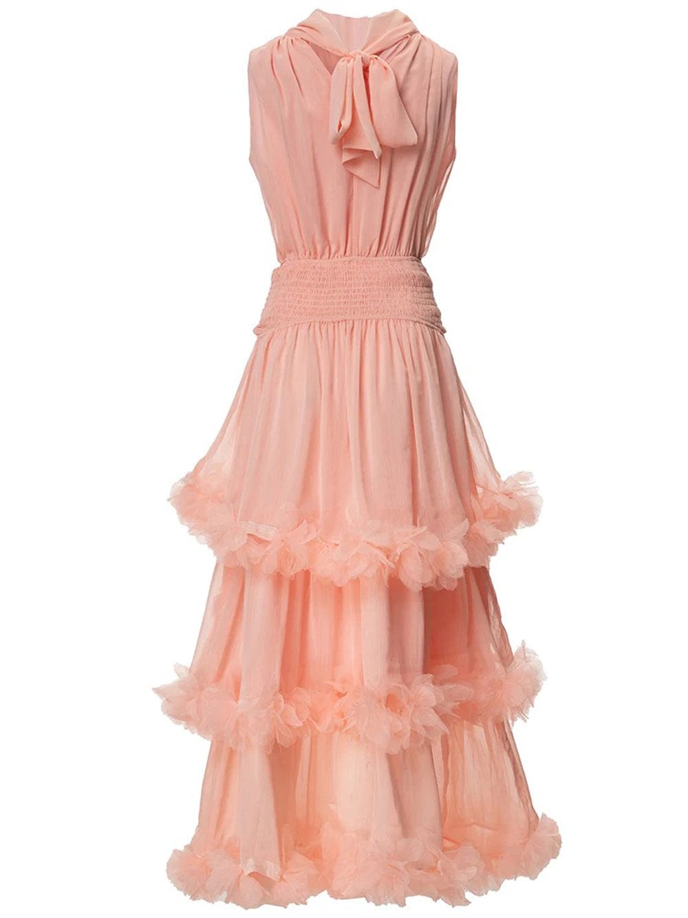 Pink Halter Neck Smocked Waist Tiered Ruffle Trim Chiffon Maxi Dress