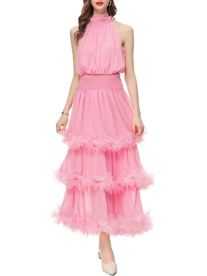 Pink Halter Neck Smocked Waist Tiered Ruffle Trim Chiffon Maxi Dress