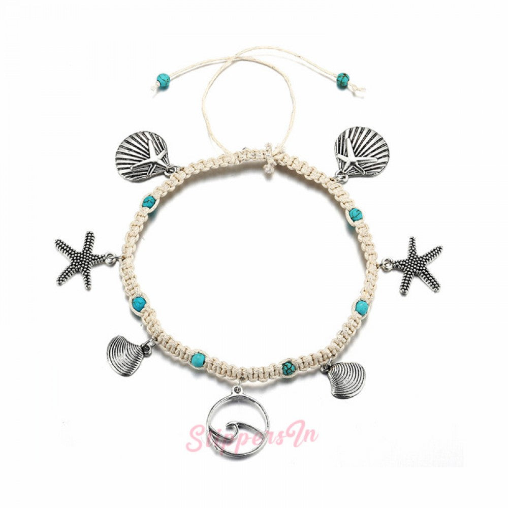 Braided Ankle Bracelets Shell and Starfish Foot Chain Jewelry for Women