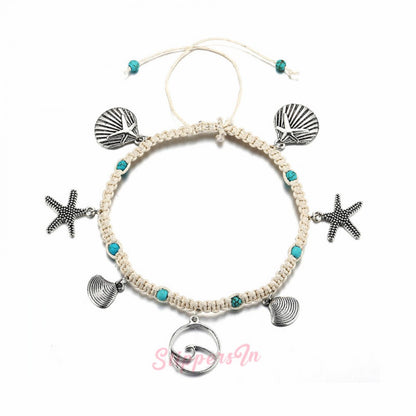 Braided Ankle Bracelets Shell and Starfish Foot Chain Jewelry for Women