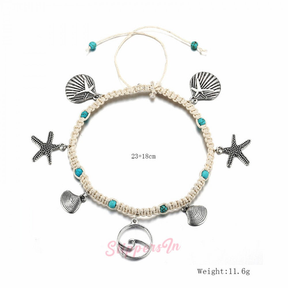 Braided Ankle Bracelets Shell and Starfish Foot Chain Jewelry for Women