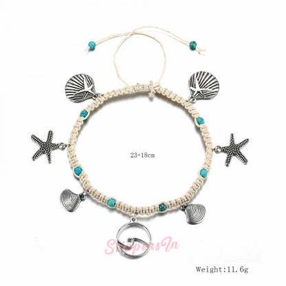 Braided Ankle Bracelets Shell and Starfish Foot Chain Jewelry for Women