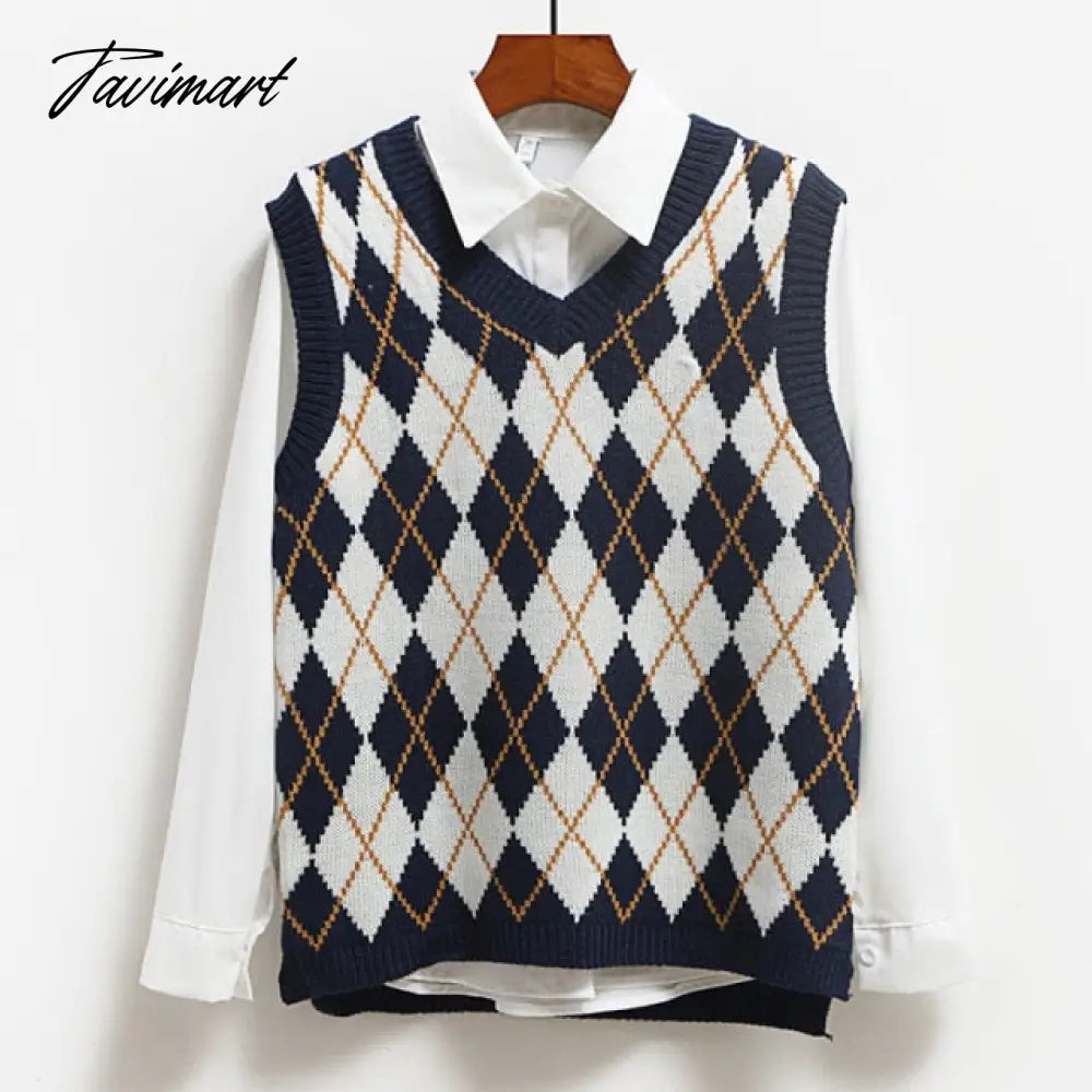 Knitted Vest Vangull Argyle Fashion Women Casual Korean Pullover Elasticity Sweater Spring Autumn Sleeveless V-Neck Tank Tops