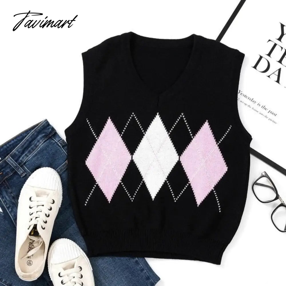 Knitted Vest Vangull Argyle Fashion Women Casual Korean Pullover Elasticity Sweater Spring Autumn Sleeveless V-Neck Tank Tops