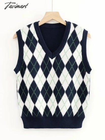 Knitted Vest Vangull Argyle Fashion Women Casual Korean Pullover Elasticity Sweater Spring Autumn Sleeveless V-Neck Tank Tops