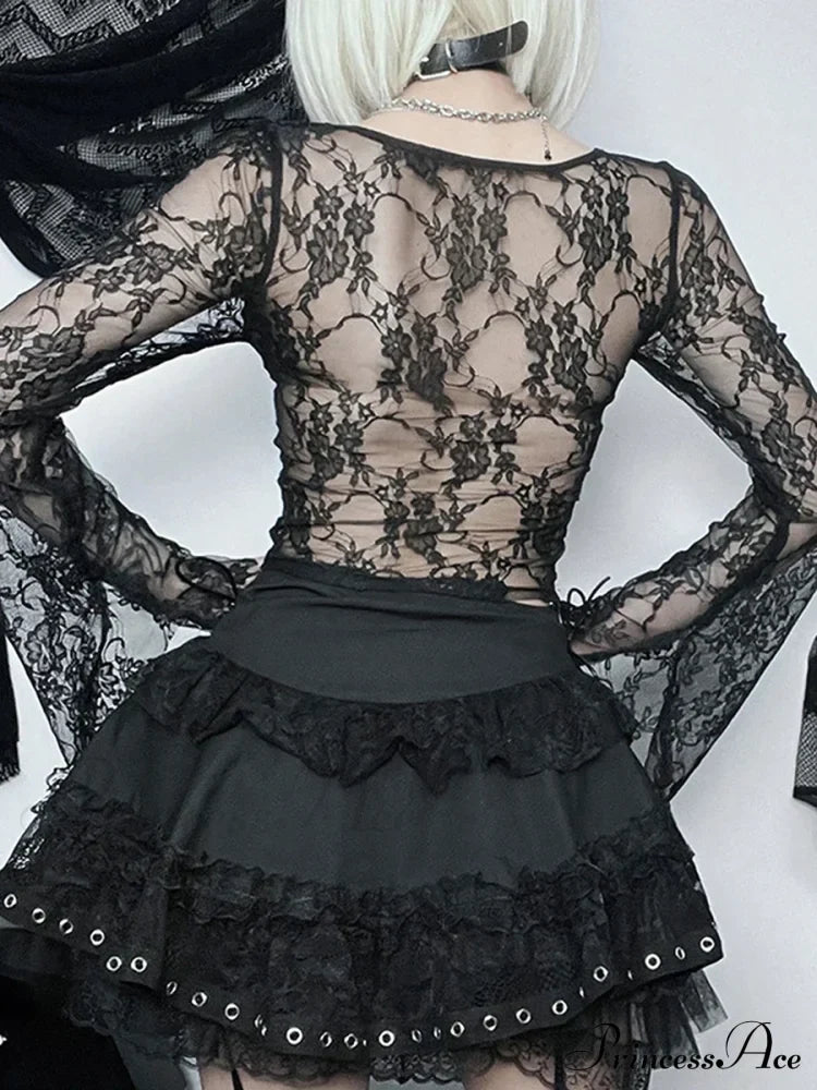 Lace Fairy Grunge V-neck See-Through Slim Fit Stylish Elegant Trendy Classic Crop Top