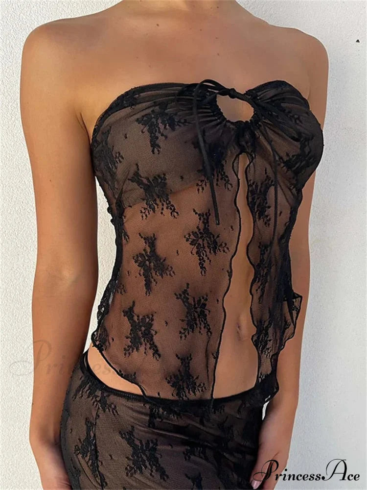Lace Sheer Tube Charming Tie Up Slit Top