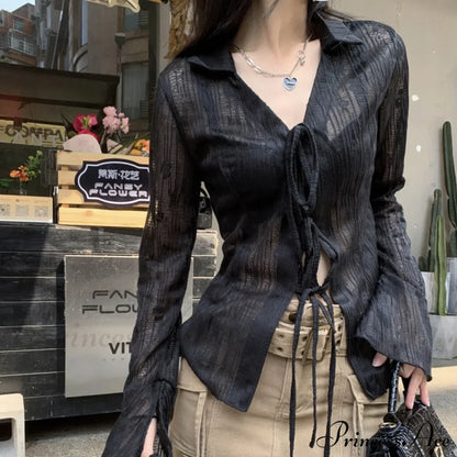 Lace Shirts Long Arm Slim Harajuku Transparent Blouse Korean Women Black Goth Fashion Aesthetic