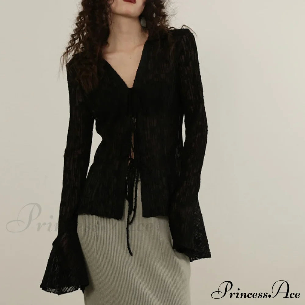 Lace Shirts Long Arm Slim Harajuku Transparent Blouse Korean Women Black Goth Fashion Aesthetic