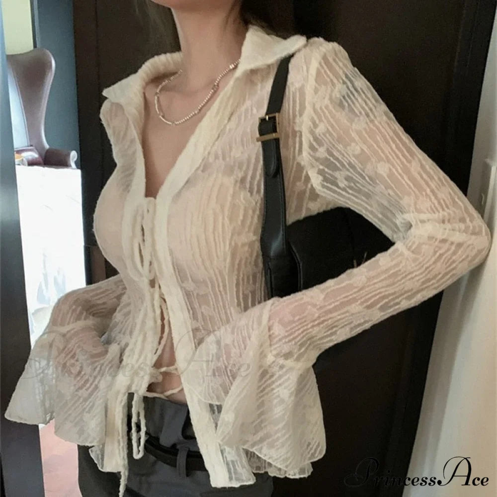 Lace Shirts Long Arm Slim Harajuku Transparent Blouse Korean Women Black Goth Fashion Aesthetic