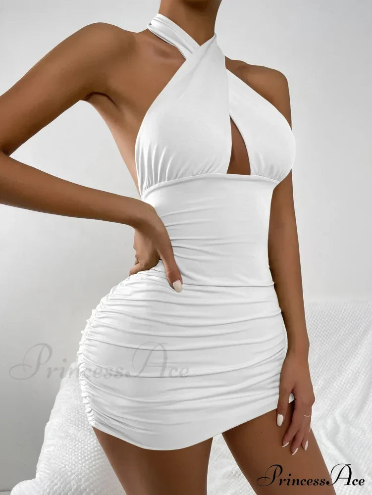 Lace Up HalterNeck Strapless Backless Sleeveless Night Club Short OutFit Hollow Out Out Dress