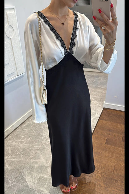 Lainei Contrast Color Satin Lace Trim V-neck Long Sleeve Maxi Dress