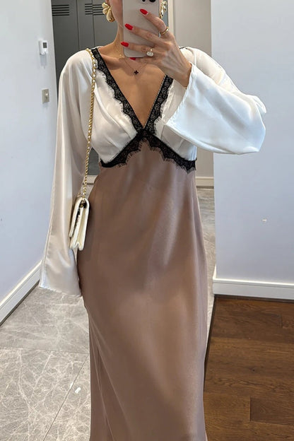 Lainei Contrast Color Satin Lace Trim V-neck Long Sleeve Maxi Dress