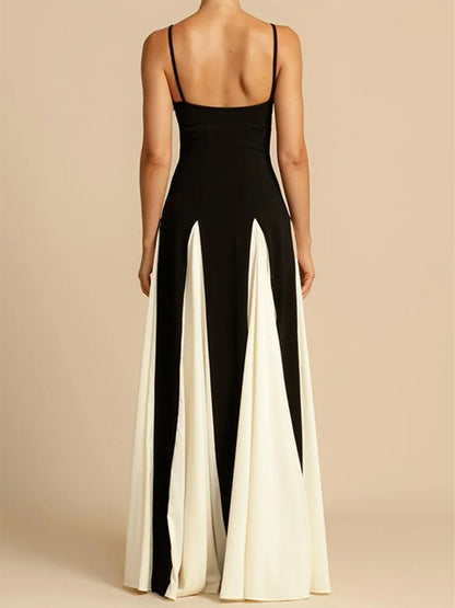 Black Spaghetti Strap Colorblock Pleated Panel Fit and Flare Maxi Gown