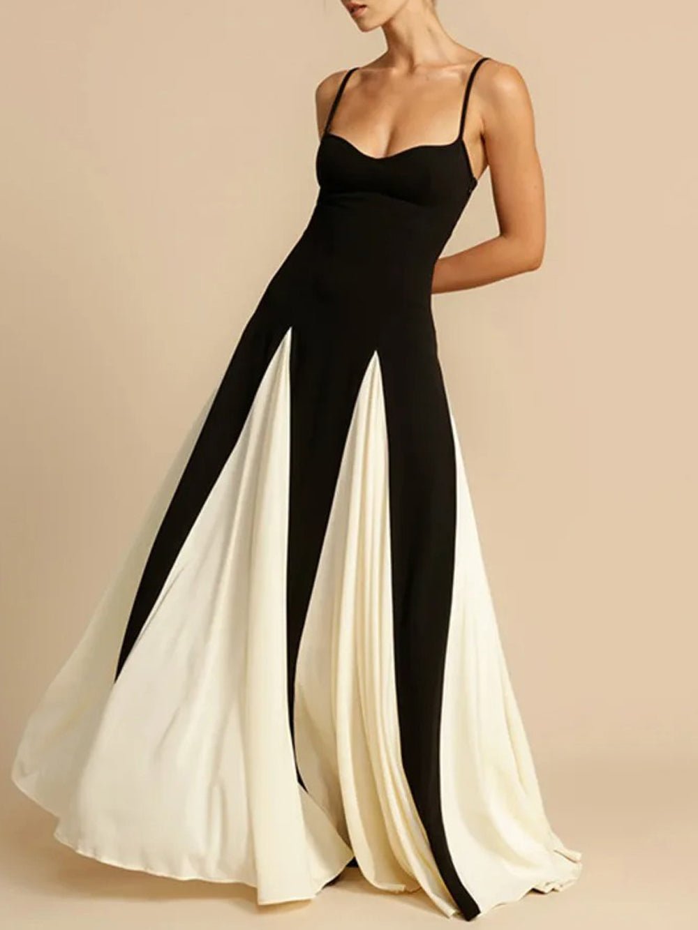 Black Spaghetti Strap Colorblock Pleated Panel Fit and Flare Maxi Gown