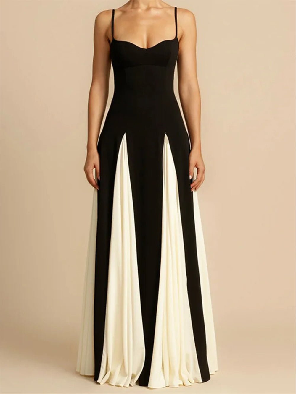 Black Spaghetti Strap Colorblock Pleated Panel Fit and Flare Maxi Gown