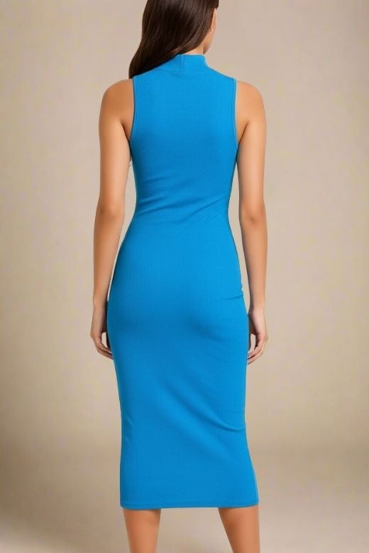 Sky Blue Ribbed Knit Mock Neck Asymmetric Shoulder Cut Out Bodycon Midi Dress