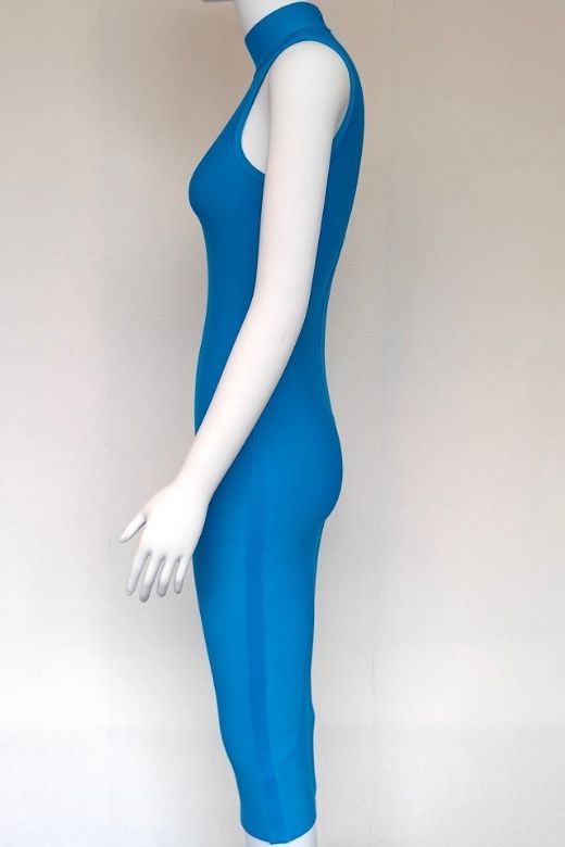 Sky Blue Ribbed Knit Mock Neck Asymmetric Shoulder Cut Out Bodycon Midi Dress
