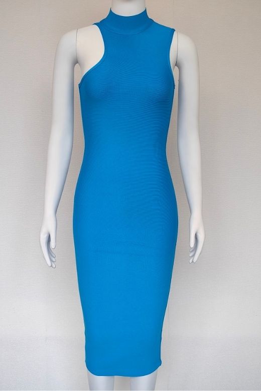Sky Blue Ribbed Knit Mock Neck Asymmetric Shoulder Cut Out Bodycon Midi Dress