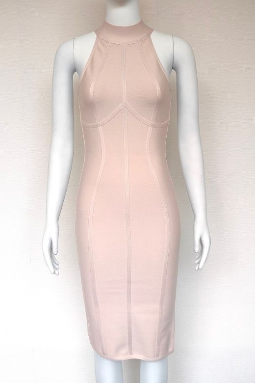 Beige Mock Neck Halter Sleeveless Bandage Bodycon Midi Dress
