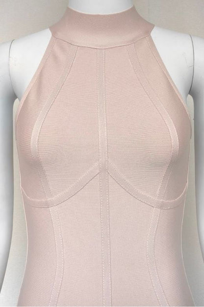 Beige Mock Neck Halter Sleeveless Bandage Bodycon Midi Dress