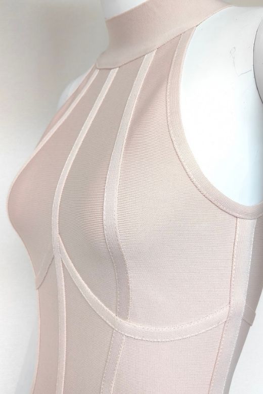 Beige Mock Neck Halter Sleeveless Bandage Bodycon Midi Dress