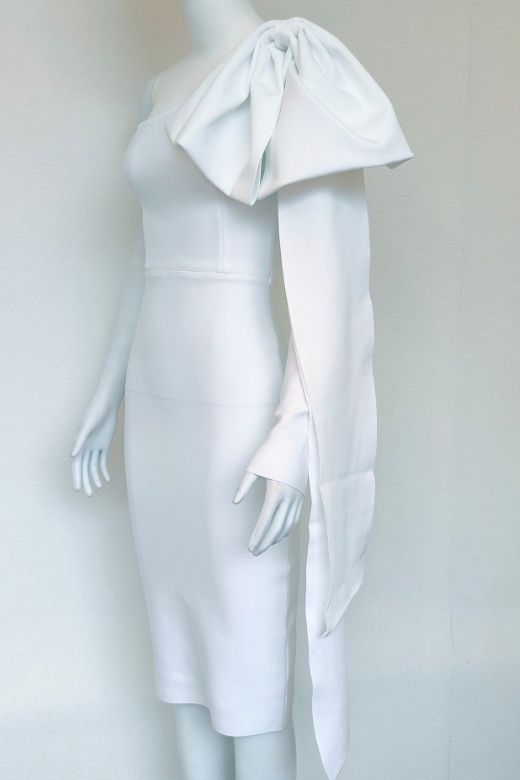 Pearl White One Shoulder Bow Sash Long Sleeve Bodycon Midi Dress