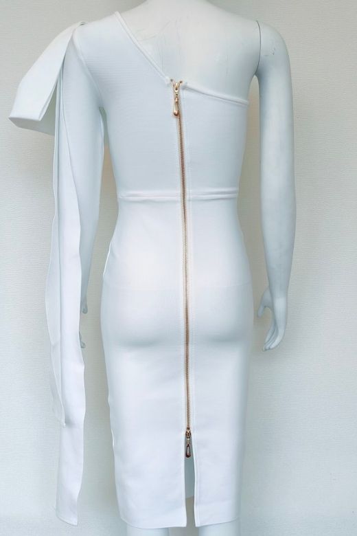 Pearl White One Shoulder Bow Sash Long Sleeve Bodycon Midi Dress