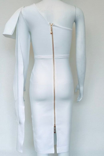 Pearl White One Shoulder Bow Sash Long Sleeve Bodycon Midi Dress
