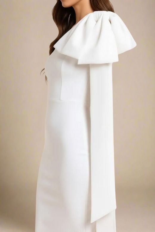 Pearl White One Shoulder Bow Sash Long Sleeve Bodycon Midi Dress