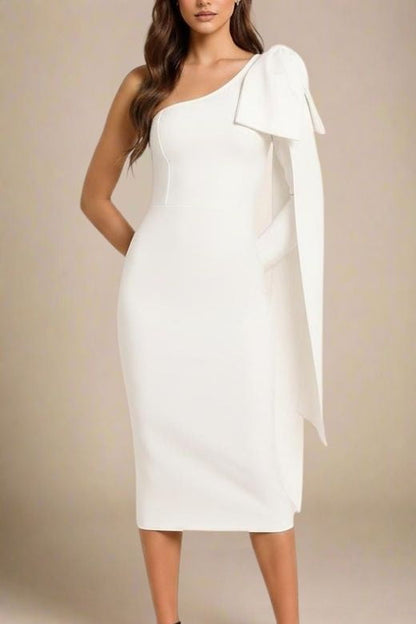 Pearl White One Shoulder Bow Sash Long Sleeve Bodycon Midi Dress