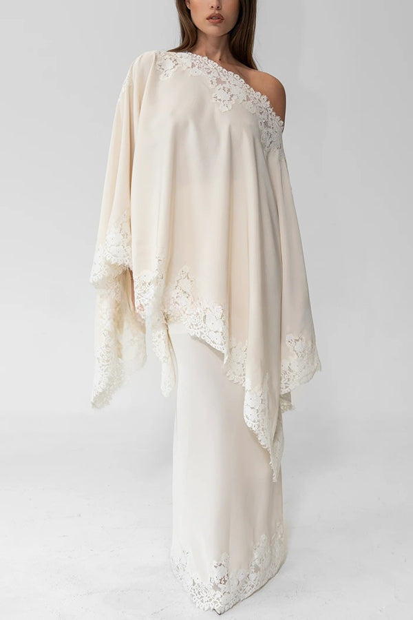 Like A Swan Satin Lace Trim High Rise Elastic Waist Drape Maxi Skirt