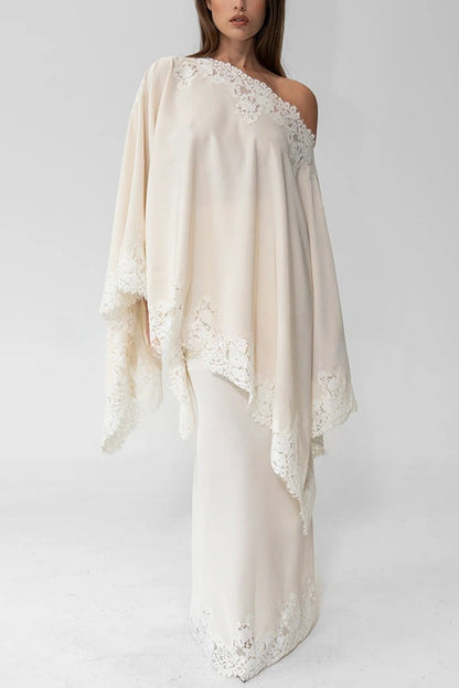 Like A Swan Satin Lace Trim High Rise Elastic Waist Drape Maxi Skirt