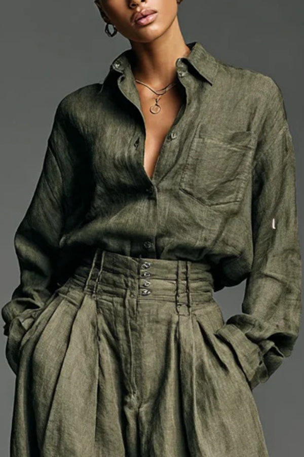 Linen Blend Lapel Long-sleeved Casual Shirt and High-waist Pocket Loose Wide-leg Pants Set