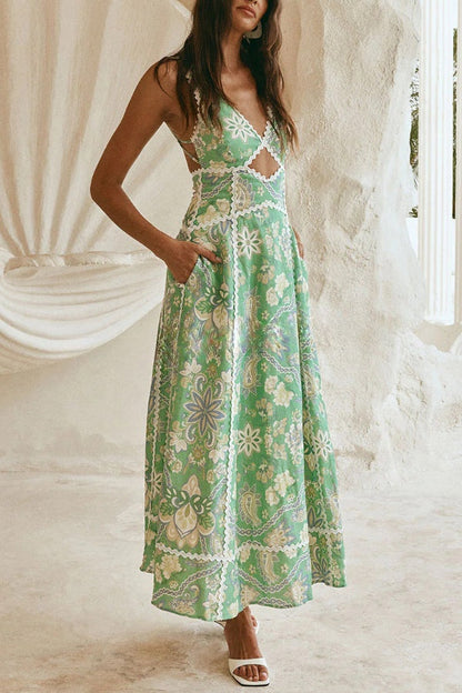 Linen Blend Unique Print V-neck Sleeveless Cutout Waist-cinching Maxi Dress