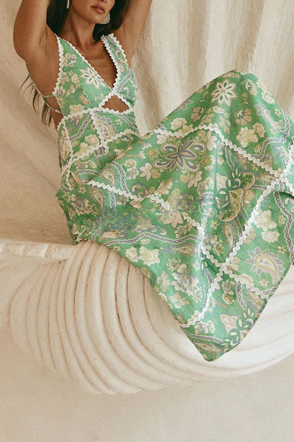 Linen Blend Unique Print V-neck Sleeveless Cutout Waist-cinching Maxi Dress